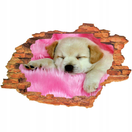Naklejka na ścianę 3D Pies psinka śpiąca na różowym futerku 90 cm na 60 cm